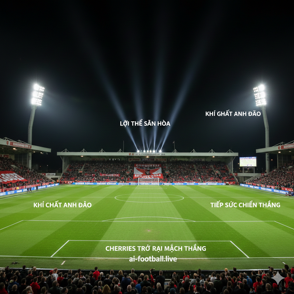 Toàn cảnh sân vận động Vitality Stadium của Bournemouth dưới ánh đèn rực rỡ vào ban đêm. Hình ảnh góc rộng hiển thị thảm cỏ xanh mướt được cắt tỉa hoàn hảo, các khán đài tràn ngập cổ động viên cầm biểu ngữ. Bầu trời đêm có màu xanh thẫm huyền ảo với những luồng sáng từ đèn pha hội tụ vào tâm sân. Phong cách nhiếp ảnh kiến trúc thể thao, mang lại cảm giác trang nghiêm nhưng đầy nhiệt huyết, nhấn mạnh vào lợi thế sân nhà của 'The Cherries'.