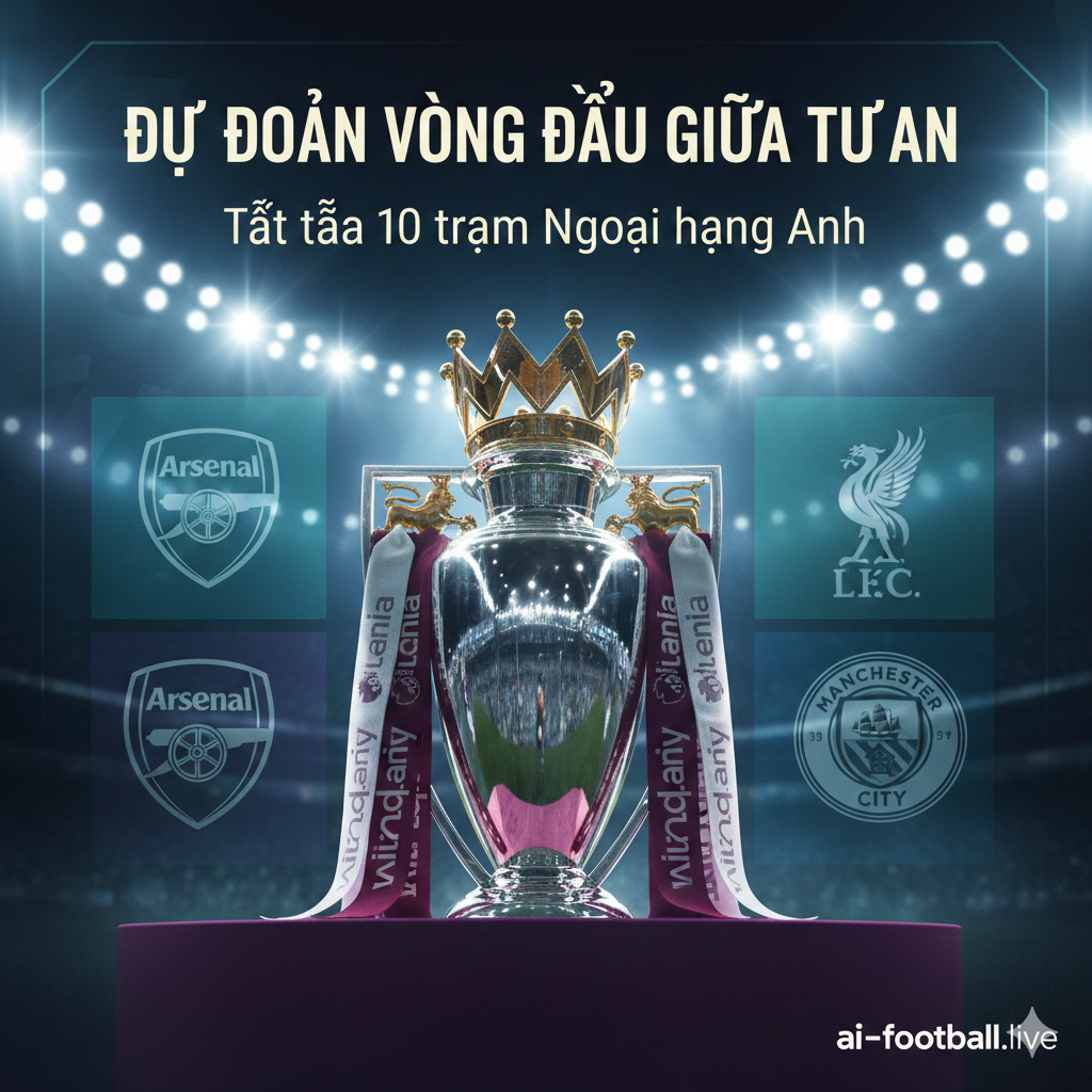 Một hình ảnh nghệ thuật sống động mang tính biểu tượng của Ngoại hạng Anh cho các trận đấu giữa tuần. Trung tâm là chiếc cúp Premier League sáng bóng dưới ánh đèn sân vận động rực rỡ vào ban đêm. Phông nền là sự kết hợp mờ ảo của các logo câu lạc bộ lớn như Arsenal, Man City và Liverpool trên nền màu xanh dương đậm và tím đặc trưng của giải đấu. Phong cách hiện đại, góc chụp thấp tạo vẻ hùng vĩ, ánh sáng spotlight mạnh mẽ tạo hiệu ứng kịch tính và tràn đầy năng lượng bóng đá đỉnh cao.