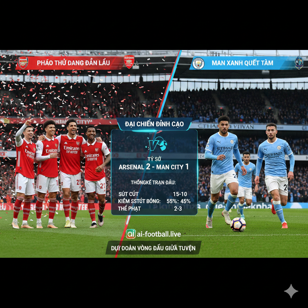 Hình ảnh so sánh đối đầu giữa Arsenal và Manchester City trong cuộc đua vô địch. Một bên là cầu thủ Arsenal trong trang phục đỏ trắng truyền thống đang ăn mừng, bên kia là cầu thủ Man City trong màu áo xanh sky blue đang tập trung thi đấu. Giữa họ là một bảng đồ họa hiện đại hiển thị tỷ số giả định và các số liệu thống kê trận đấu. Bối cảnh là sân vận động Emirates và Etihad lồng ghép vào nhau, phong cách đồ họa thể thao chuyên nghiệp, màu sắc rực rỡ, độ tương phản cao, bố cục chia đôi màn hình đầy năng động.