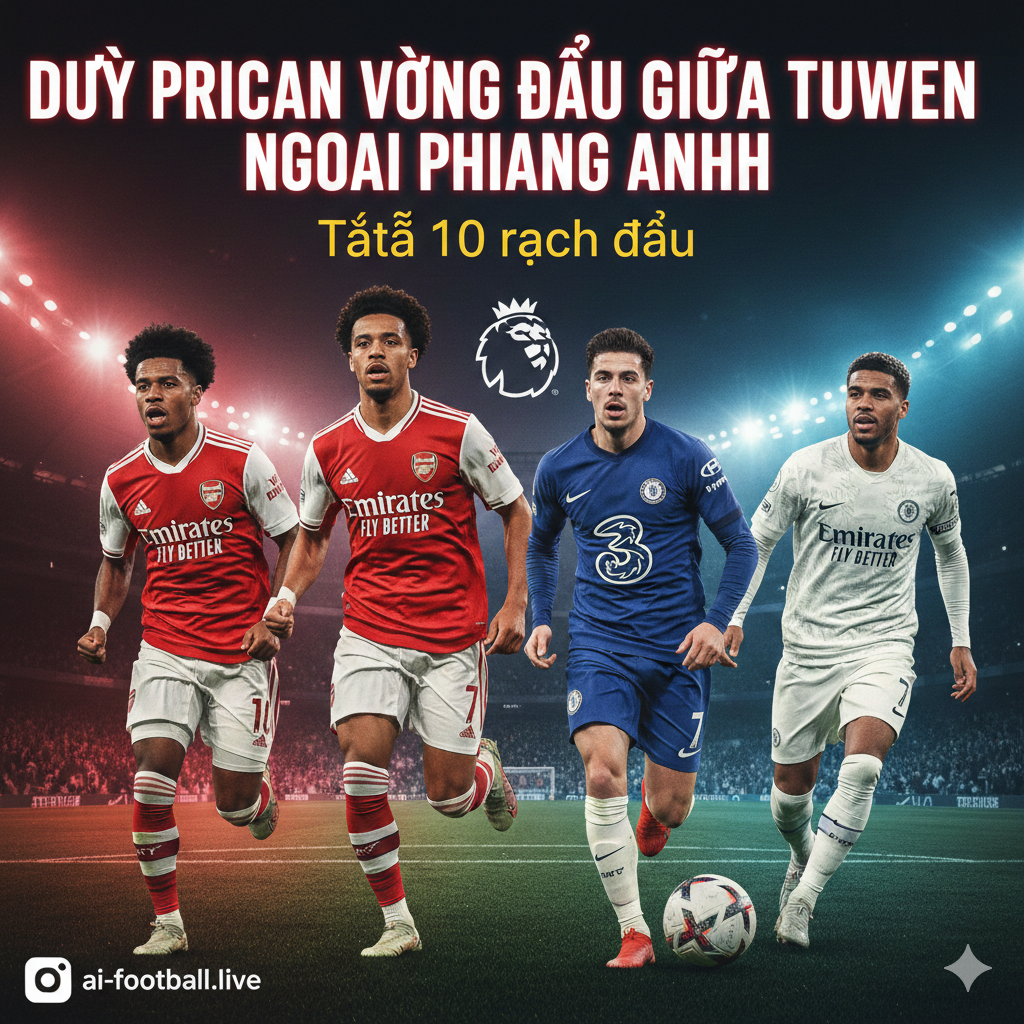 A dynamic and high-energy Premier League promotional cover. In the foreground, stars from top clubs like Arsenal (Bukayo Saka), Manchester City (Erling Haaland), and Chelsea (Cole Palmer) are depicted in action poses, mid-celebration or sprinting. The background features a blurred, floodlit stadium atmosphere under a night sky, symbolizing midweek fixtures. The lighting is dramatic with neon highlights in red, blue, and cyan, creating a professional sports broadcast aesthetic. High-contrast, sharp focus, with the official Premier League lion logo subtly integrated into the design.