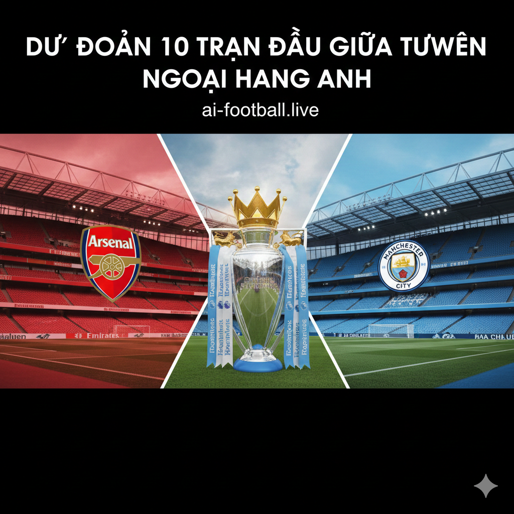 A split-screen style visual representing the title race between Arsenal and Manchester City. On the left, the Emirates Stadium in red hues with the Arsenal crest; on the right, the Etihad Stadium in sky blue tones with the Man City crest. In the center, a 3D rendering of the Premier League trophy glows with a golden light. The composition is symmetrical and cinematic, using a palette of deep reds, bright blues, and metallic gold. The style is modern, sleek, and high-fidelity, emphasizing the high stakes of the upcoming midweek matches.