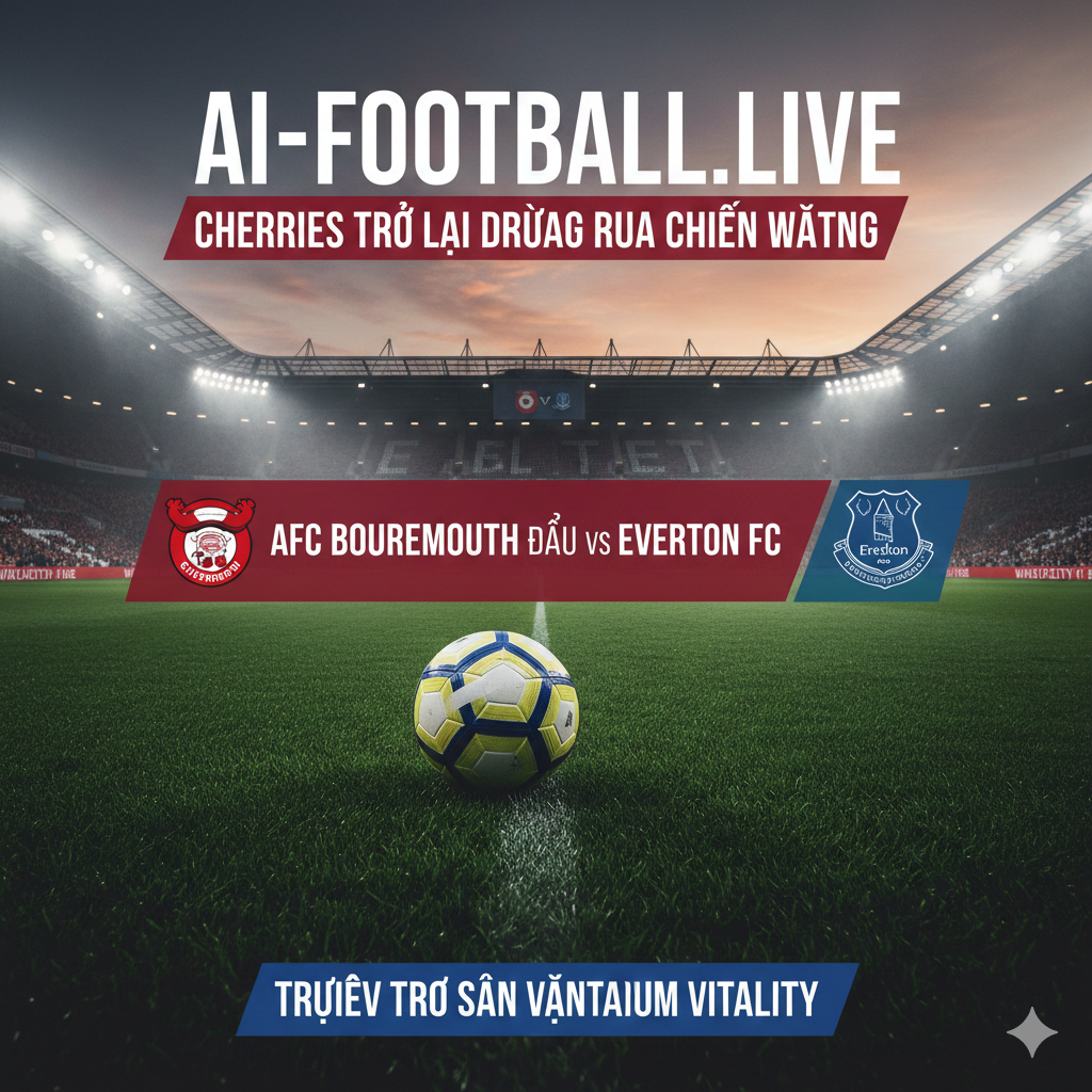 A high-energy cinematic shot of Vitality Stadium under floodlights at dusk. The foreground features a professional soccer ball on the lush green grass with the Bournemouth 'Cherries' logo and Everton FC crest subtly integrated into the matchday graphics. The atmosphere is intense with a slight misty glow, using a color palette of deep red and royal blue to represent both clubs. Professional sports photography style, wide-angle lens, sharp focus on the pitch.