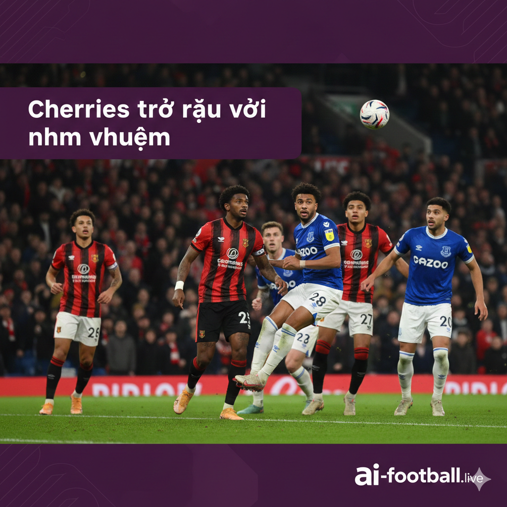A dynamic action scene representing the tactical battle between Bournemouth and Everton. It shows players in red-and-black striped kits and blue kits competing for a header in the penalty area. The background shows a blurry, cheering crowd in a modern stadium setting. The lighting is bright and clear, capturing the fast-paced nature of the Premier League. High shutter speed style, vibrant colors, emphasizing the competitive struggle for 3 points.