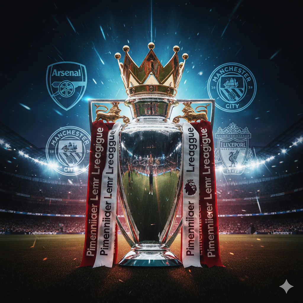 Một hình ảnh mang tính biểu tượng cho vòng đấu giữa tuần tại Ngoại hạng Anh. Trung tâm là chiếc cúp Premier League sáng bóng dưới ánh đèn sân vận động rực rỡ vào ban đêm. Phía sau là sự kết hợp đồ họa của các logo câu lạc bộ như Arsenal, Man City, Liverpool và Man Utd trên nền hiệu ứng ánh sáng năng động màu xanh và đỏ. Phong cách nhiếp ảnh thể thao hiện đại, độ tương phản cao, tạo cảm giác kịch tính và sôi động của một cuộc đua vô địch rực lửa.