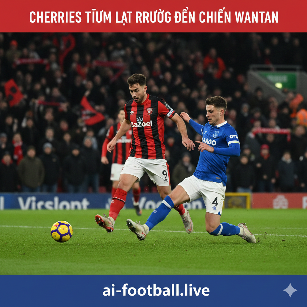 Một khung cảnh kịch tính tại sân vận động Vitality rực rỡ ánh đèn đêm. Ở trung tâm là một cầu thủ Bournemouth trong trang phục sọc đỏ đen truyền thống đang nỗ lực dứt điểm, đối đầu với hậu vệ Everton trong trang phục màu xanh royal. Bầu không khí sôi động với đám đông khán giả mờ ảo phía sau, cỏ xanh mướt dưới ánh đèn sân vận động mạnh mẽ. Phong cách nhiếp ảnh thể thao chuyên nghiệp, độ tương phản cao, màu sắc rực rỡ, góc chụp thấp tạo cảm giác hùng tráng và đầy năng lượng.