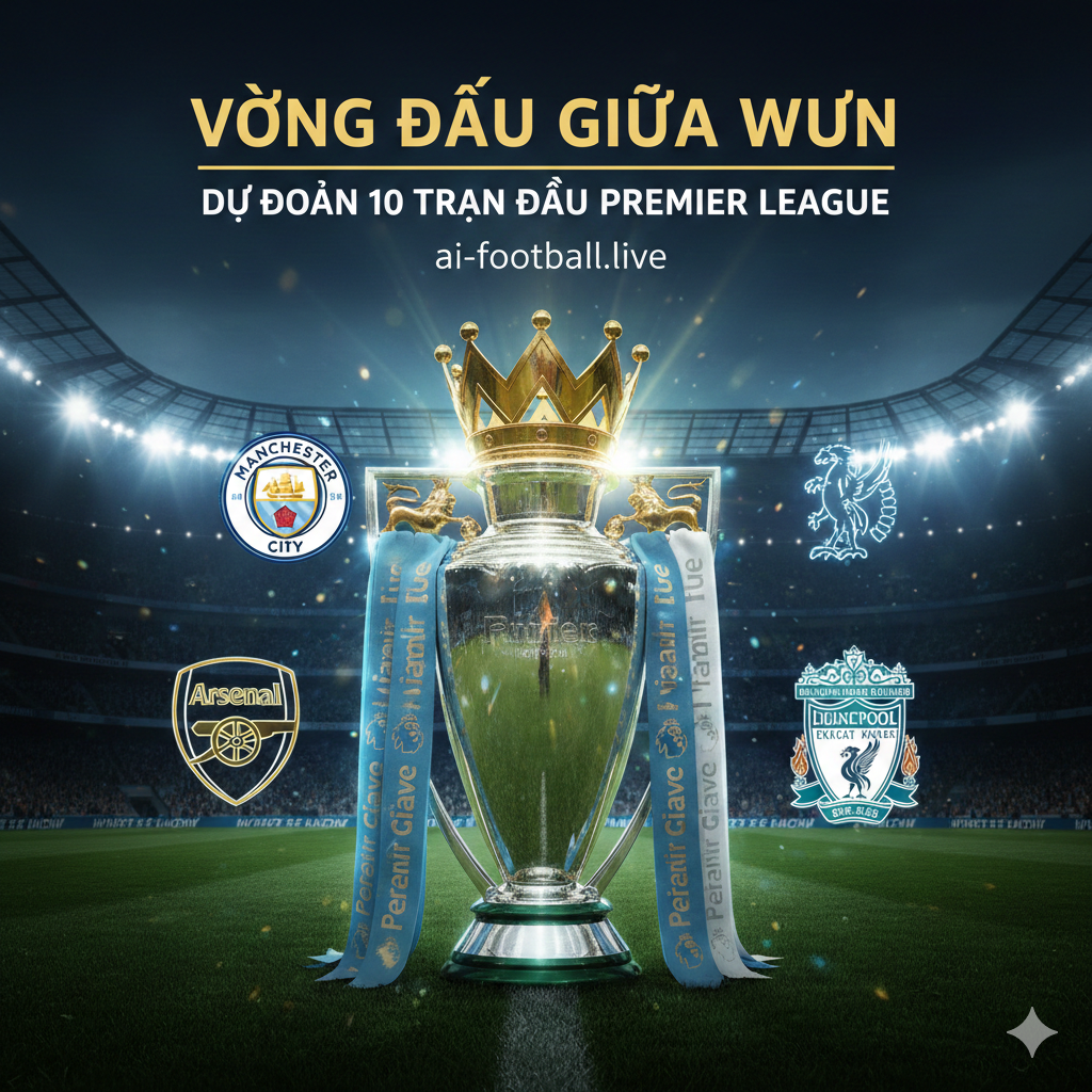 Một hình ảnh nghệ thuật rực rỡ đại diện cho vòng đấu giữa tuần của Ngoại hạng Anh. Ở trung tâm là chiếc cúp Premier League sáng bóng dưới ánh đèn sân vận động ban đêm. Xung quanh là hiệu ứng ánh sáng mờ ảo với logo của các câu lạc bộ lớn như Arsenal, Man City, Liverpool và Man Utd. Tông màu chủ đạo là xanh dương đậm và vàng gold, tạo cảm giác sang trọng và kịch tính. Bố cục cân đối với tiêu đề 'Premier League Midweek' hiện lên tinh tế bằng phông chữ hiện đại, mạnh mẽ.