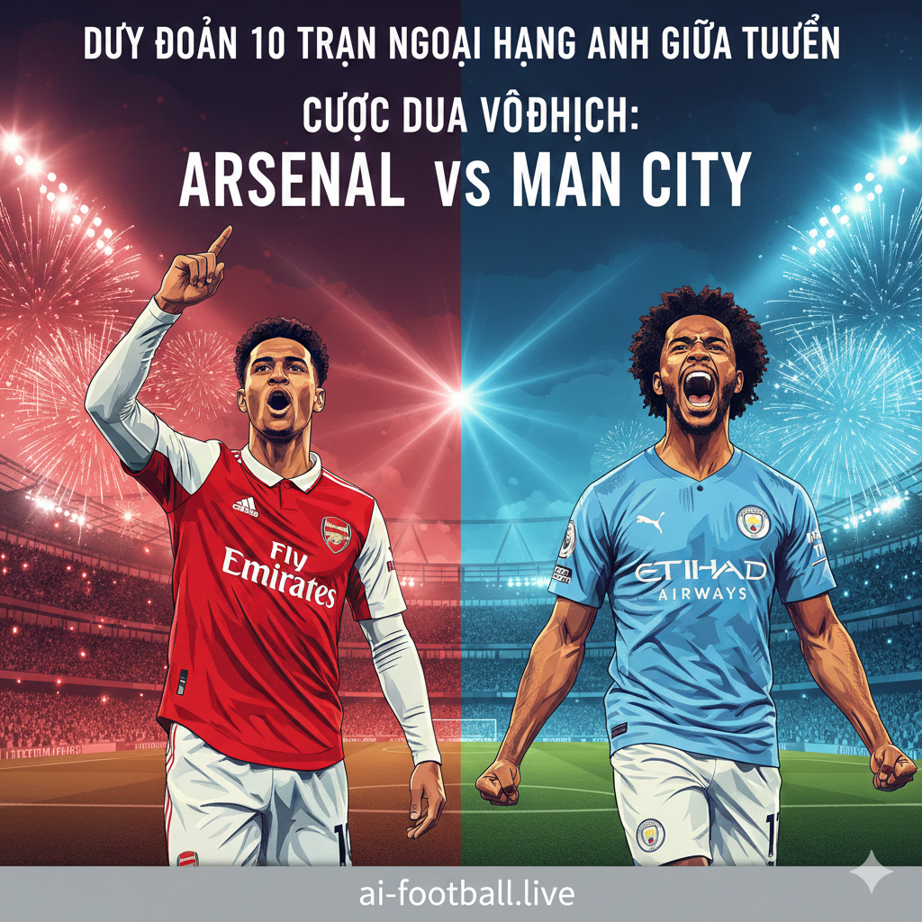 Hình ảnh so sánh đối đầu giữa Arsenal và Manchester City trong cuộc đua vô địch. Một bên là màu đỏ trắng rực rỡ của sân Emirates, bên kia là màu xanh sky blue đặc trưng của sân Etihad. Hình ảnh hiển thị hai cầu thủ đại diện đang ăn mừng bàn thắng trong phong cách thiết kế đồ họa high-contrast (độ tương phản cao). Ánh sáng rực rỡ từ đèn pha sân vận động tạo nên bầu không khí sôi động, chuyên nghiệp, phản ánh đúng tinh thần của một website tin tức bóng đá chất lượng cao.