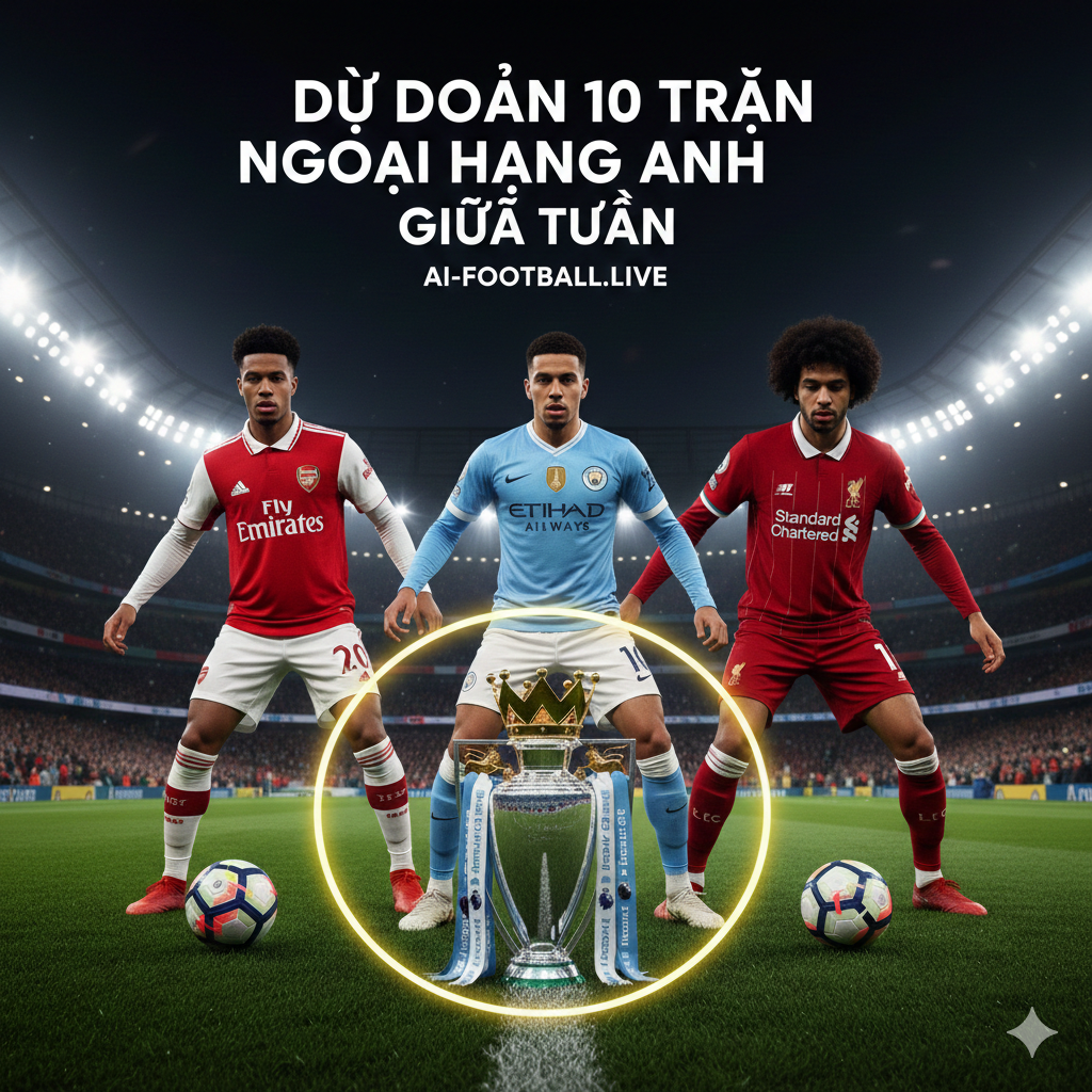 Một hình ảnh mang tính biểu tượng cho vòng đấu giữa tuần tại Ngoại hạng Anh với sự xuất hiện của các ngôi sao từ Arsenal, Man City và Liverpool trong trang phục thi đấu chính thức. Bối cảnh là một sân vận động hiện đại rực sáng dưới ánh đèn cao áp vào ban đêm, tạo nên bầu không khí kịch tính của các trận đấu muộn. Phong cách nhiếp ảnh thể thao chuyên nghiệp với độ tương phản cao, màu sắc chủ đạo là đỏ rực, xanh dương và vàng của các câu lạc bộ hàng đầu. Góc máy thấp hướng lên tạo cảm giác hùng vĩ, ở giữa là chiếc cúp Premier League lấp lánh và tiêu đề bài viết bằng tiếng Việt tinh tế.