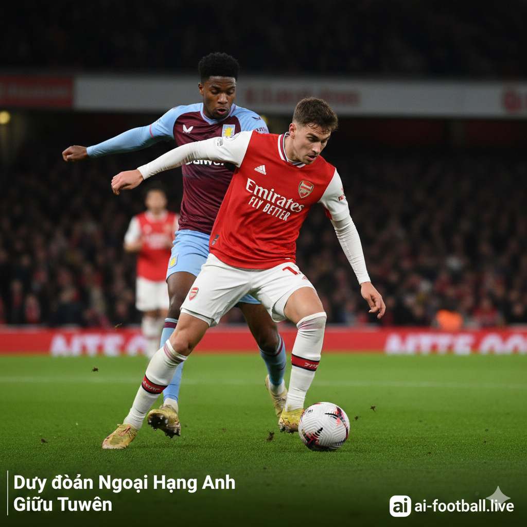 Hình ảnh cận cảnh tập trung vào sự đối đầu quyết liệt trên sân cỏ giữa một cầu thủ Arsenal (đội đang dẫn đầu) và một cầu thủ Aston Villa (đội đang có phong độ cao). Bối cảnh là thảm cỏ xanh mướt của sân Emirates dưới ánh đèn đêm, có hiệu ứng làm mờ phông nền (bokeh) để làm nổi bật sự tập trung và nỗ lực của các cầu thủ. Màu sắc sống động với độ sắc nét cao, ghi lại khoảnh khắc tranh chấp bóng đầy tốc độ. Hình ảnh này minh họa cho cuộc đua nghẹt thở trong top 4 và sự kịch tính của các dự đoán tỷ số trong bài viết.